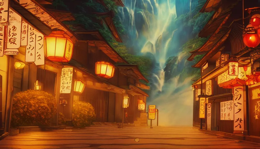 Image similar to A film still from a 1990s Sailor Moon cartoon featuring a moody street in Japan with a waterfall and lanterns, golden hour, cinematic look, film grain, high detail, high resolution, 8k