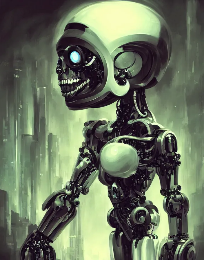 Image similar to skull - headed robot cyborg painting, illutstration, concept art, cyberpunk, futurism, comics art, artgerm, full body shot, wide angle