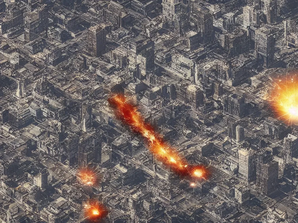 Image similar to city is being destroyed by a falling meteor, view from above, explosion, shreds, ruins, hyperrealistic