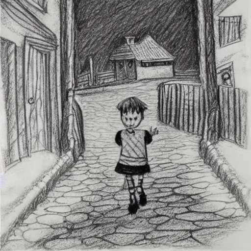 Prompt: rich detailed pencil drawing of little nicholas walking along a lonely village street, by jean - jacques sempe, by rene goscinny