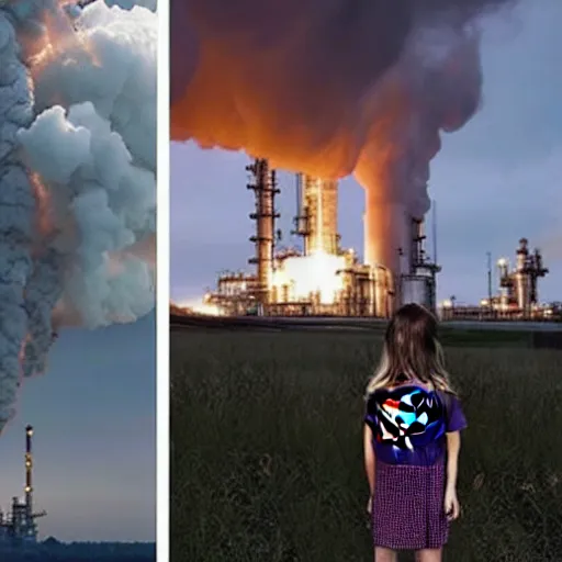 Image similar to epic photo of greta thunberg as super girl realistic backlit background oil refinery explosions and black smoke