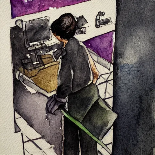 Prompt: a computer janitor depressed and miserable turning the gun upon himself, dark, watercolor