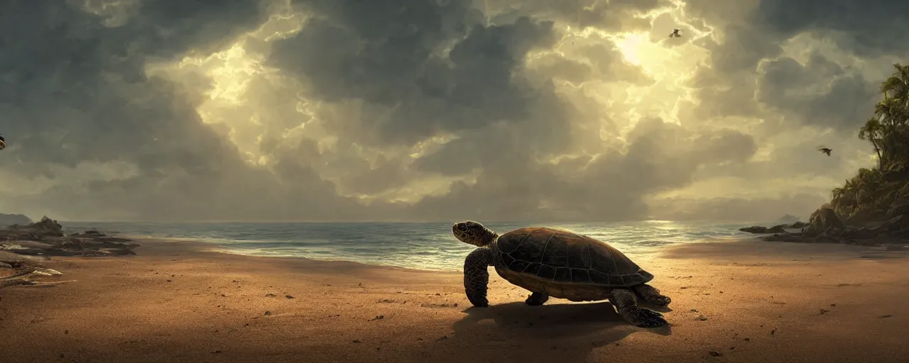 Image similar to turtle on beach, beautiful dynamic lighting, cinematic, wide angle establishing shot, extremely high detail, photo realistic, cinematic lighting, post processed, concept art, artstation, matte painting, style by frederic church, raphael lacoste, unreal engine 8k