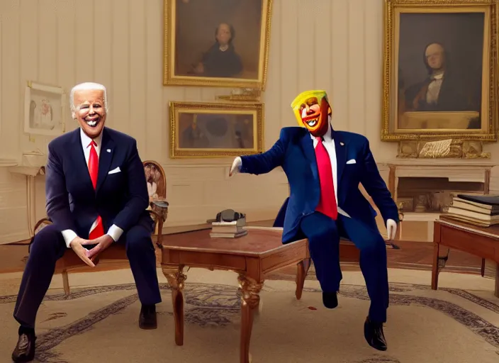 Prompt: Beautiful art portrait of Joe Biden acting as Clown buffoon in the Whitehouse with Donald Trump laughing in the background, unreal 5, DAZ, hyperrealistic, octane render dynamic lighting, vray