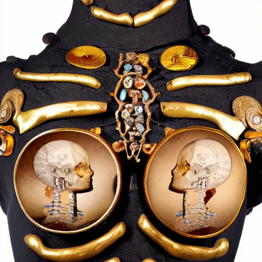 Image similar to female torso and head in curved position with visible gems inlaid in skin with anatomic description, antique style, skeleton, gems, cameo, gold, 8k, details, studio lighting, realism, complex lights