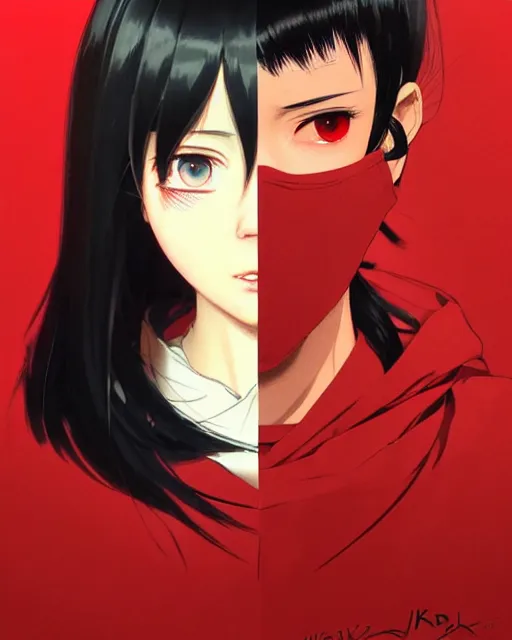 Prompt: black haired girl wearing a surgical mask and red dress | | audrey plaza, warframe armor, fine detail!! anime!! realistic shaded lighting!! poster by ilya kuvshinov katsuhiro otomo ghost - in - the - shell, magali villeneuve, artgerm, jeremy lipkin and michael garmash and rob rey