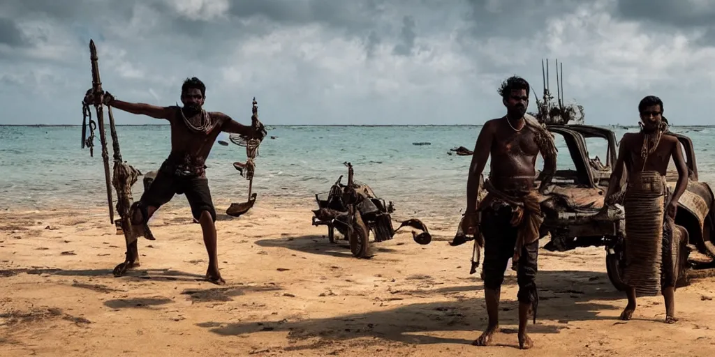 Image similar to sri lankan mad max style on boats, ocean, film still, epic shot cinematography, rule of thirds