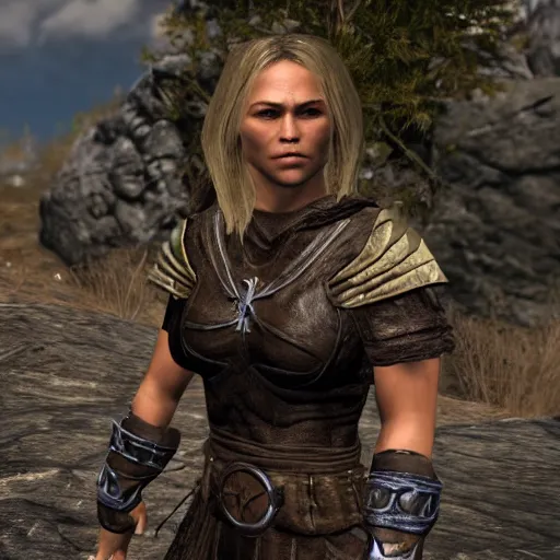 Image similar to character screenshot of ufc ronda rousey dc in skyrim, female armor, npc talking, wilderness, 1 0 8 0 p, bokeh, elder scrolls v, detailed, dialog text