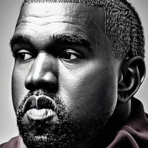 Image similar to the face of older kanye west wearing yeezy clothing at 5 4 years old, portrait by julia cameron, chiaroscuro lighting, shallow depth of field, 8 0 mm, f 1. 8