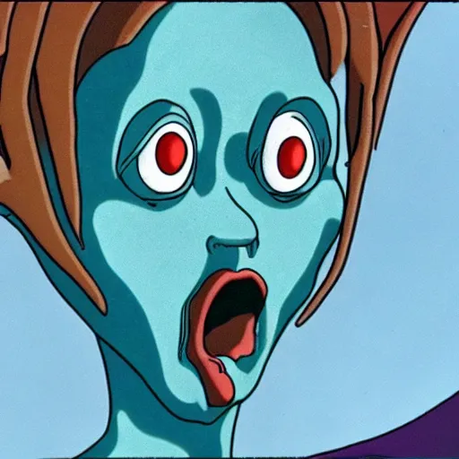 Prompt: a screenshot from fantastic planet where a character is showing emotions on its face