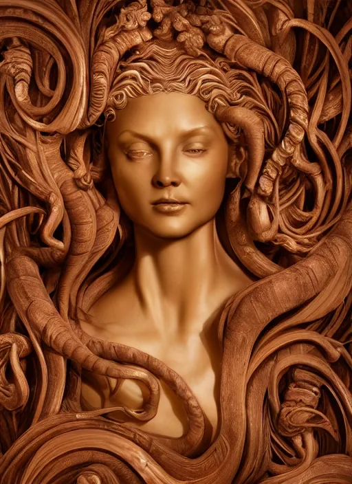 Image similar to carved translucent wax sculpture of medusa, wooden art nouveau swirls, strong subsurface scattering, tubes, gold elements, subsurface scattering, in the style of ruan jia and beeple and giger, subsurface scattering, mystical colors, back light, rim light, dramatic lighting, 8 k, stunning scene, raytracing, octane render, trending on artstation