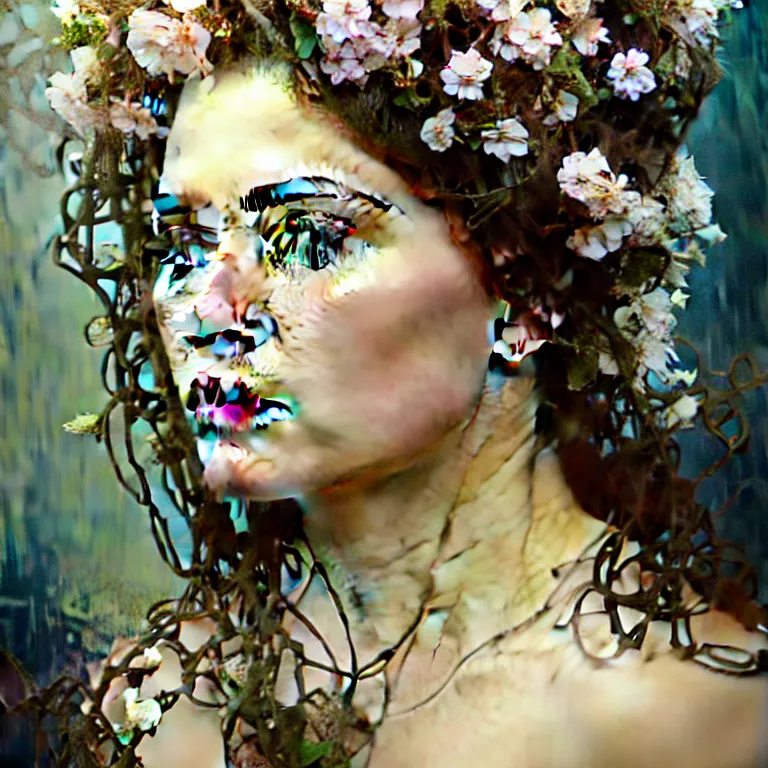 Image similar to hyperrealist realistic wonderful face portrait of a queen, it is decorated with white flowers on the head that fall like vines and wears a huge computer crown. by jeremy mann and alphonse mucha, fantasy art, photo realistic, dynamic lighting, artstation, poster, volumetric lighting, very detailed faces, 4 k, award winning