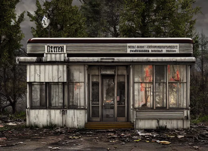 Image similar to exterior of an abandoned american diner, taken over by nature, gothic style, hyperrealistic and beautiful painting, 8 k resolution, by hugh ferris and john smith, polished, fine detail, intricate, smooth, octane, concept art, trending on artstation