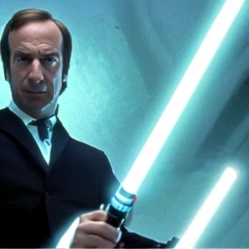 Prompt: A still of Saul Goodman in Star Wars: A New Hope, holding an activated lightsaber, wearing a suit