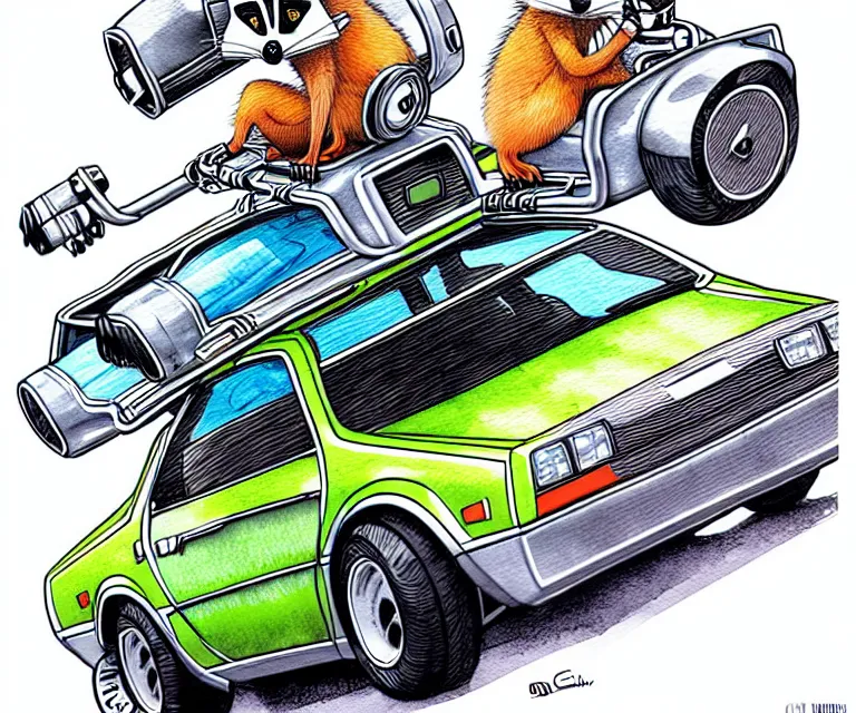 Prompt: cute and funny, racoon wearing a helmet riding in a tiny silver color hot rod dmc delorean with oversized engine, ratfink style by ed roth, centered award winning watercolor pen illustration, isometric illustration by chihiro iwasaki, edited by range murata, details by artgerm