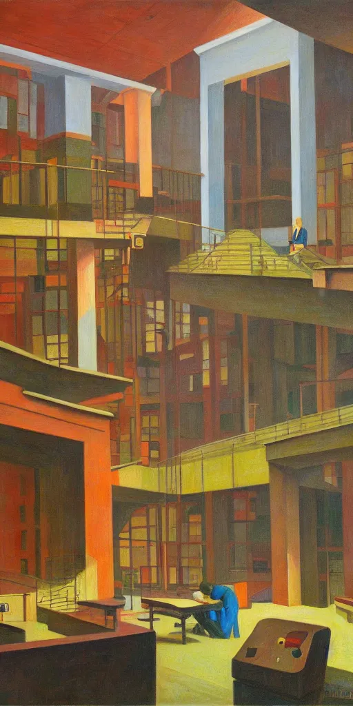 Image similar to fantastical brutalist atrium, grant wood, pj crook, edward hopper, colorful, oil on canvas