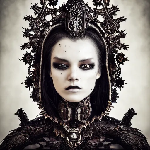 Prompt: a portrait of female model by stefan geselle and nekro borja, photorealistic, intricate details, hyper realistic, dark fantasy, ornate headpiece, dark beauty, photorealistic, canon r 3, photography, wide shot, photography, dark beauty, symmetrical features, wide angle shot