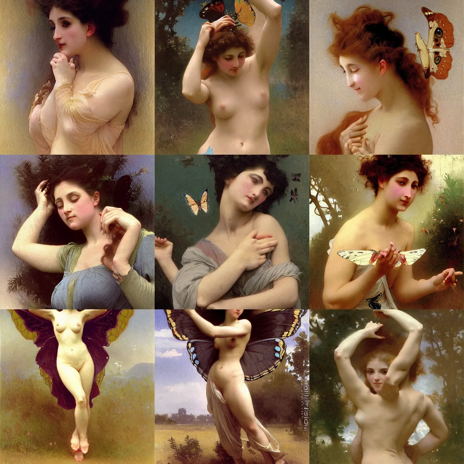 Prompt: a woman wearing an elaborate transforms into a butterfly, mid-transformation, half-woman half-butterfly, as though she is dancing, mid-transformation, fantasy illustration by William Adolphe Bouguereau, Gaston Bussiere, Rococo