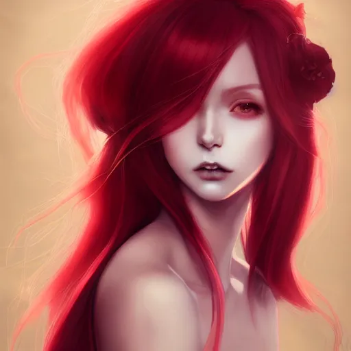 Prompt: facial portrait of a young pretty anime woman, long red hair, dark eyes, gothic eyeliner, character concept art, headshot, Charlie Bowater, Anna Dittmann, WLOP, Rumiko Takahashi, Akihiko Yoshida, Hyung-tae Kim, alexander mcqueen, trending on Artstation