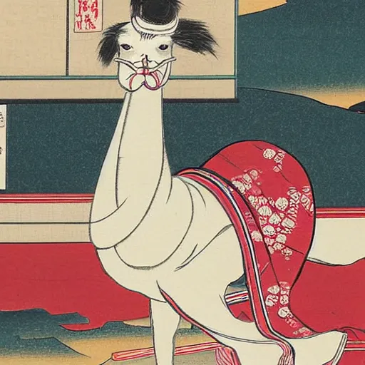 Prompt: ukiyo-e painting of an elegant llama bowing in front of a Geisha