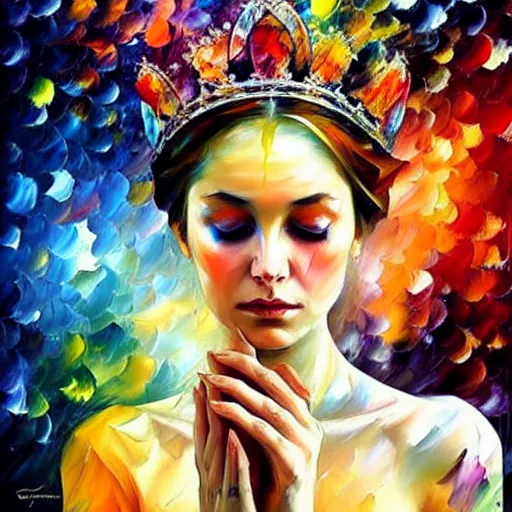 Image similar to strikingly beautiful queen of undead, praying meditating, realism, elegant, intricate, portrait photography by leonid afremov and carne griffiths