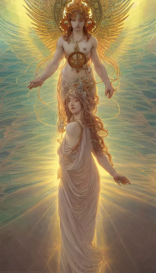 Prompt: goddess angel of tranquility. hyper detailed, character concept, full body, dynamic pose, intricate, lineart, cerpuscular rays, by yoshitaka amano, alfons mucha, 4 k