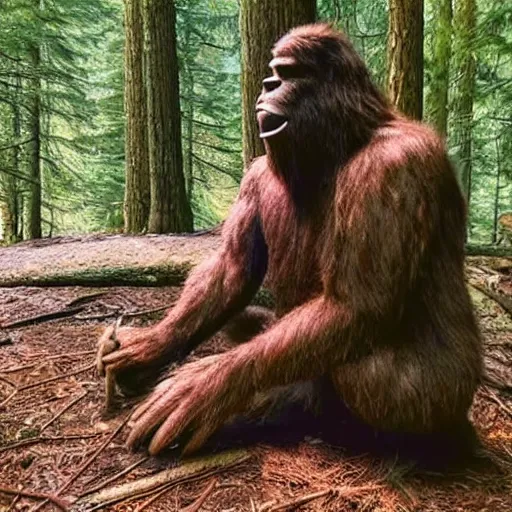 Prompt: bigfoot praying at a forest alter joe rogan