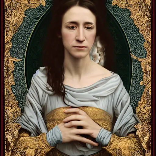 Image similar to portrait of charlotte gainsbourg as joan of arc, hyperreal digital painting, iconography influenced by alphonse mucha and eugene delacroix, arstation and deviantart trends, high resolution 8 k