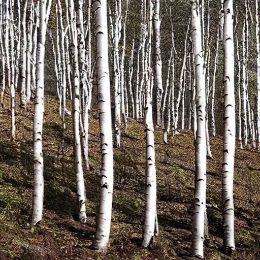 Prompt: Postcard of a copse of silver birch trees set by a rocky outcrop