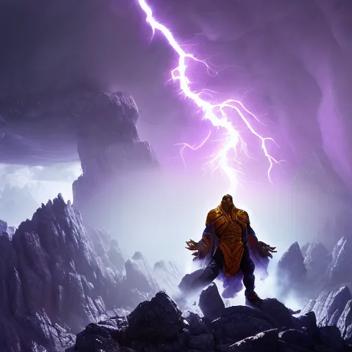 Image similar to thanos climbing a mountain, extreme cold, storm, octane rendering, volumetric lightning, hyperrealism, no blur, 4 k resolution, ultra detailed, style of ivan shishkin, tyler edlin, anato finnstark