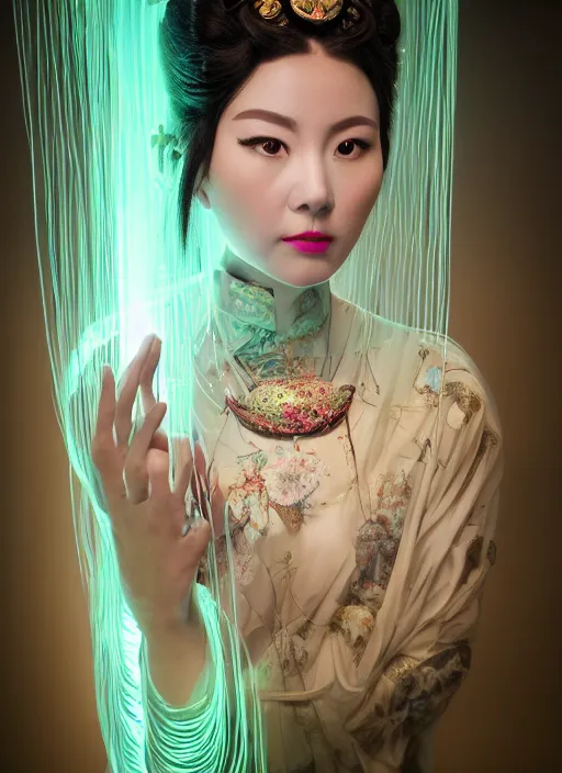 Image similar to photo shoot pose photo of beautiful Chinese ancient princess standing in the corridor in the space ship, symmetrical face, big eyes and lips, looking down, subtle makeup, clean face and body skin,ecstatic expression, ornamental jewelry and ancient translucent clothes, futuristic space ship interrior, wires with lights,depth of field, lens flares, dust in the air, moody lighting, intricate, elegant, highly detailed, centered, smooth, sharp focus, Donato Giancola, Joseph Christian Leyendecker, WLOP, Boris Vallejo, Artgerm moody photography, old photo, black and white, sepia, cinematic lighting, cinematic angle, editorial photography