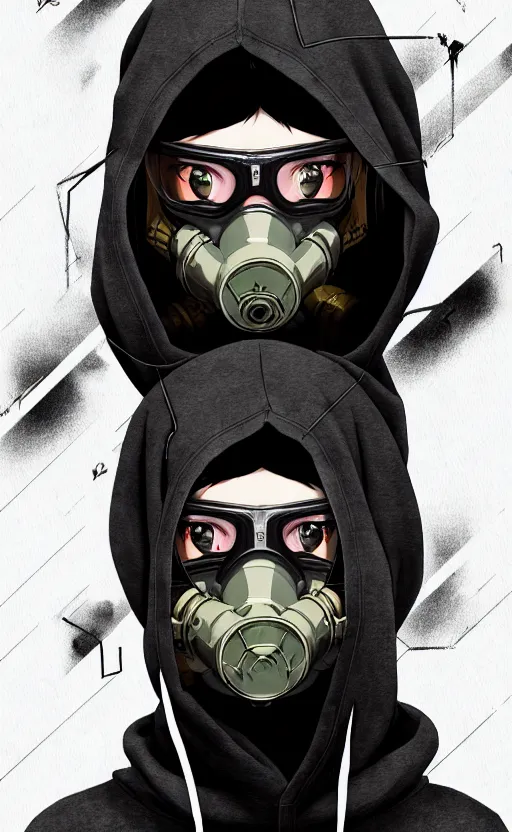 Image similar to cyberpunk anime girl in hoodie, cyberpunk gas mask, 3 / 4 shot, street night, grafity, beautiful face, grafity, arcane, action, tokyo street, detail, good face, pose model, concept art, in style of yoji shinkawa, pan ren wei, col price, atey ghailan, by greg rutkowski, aesthetic