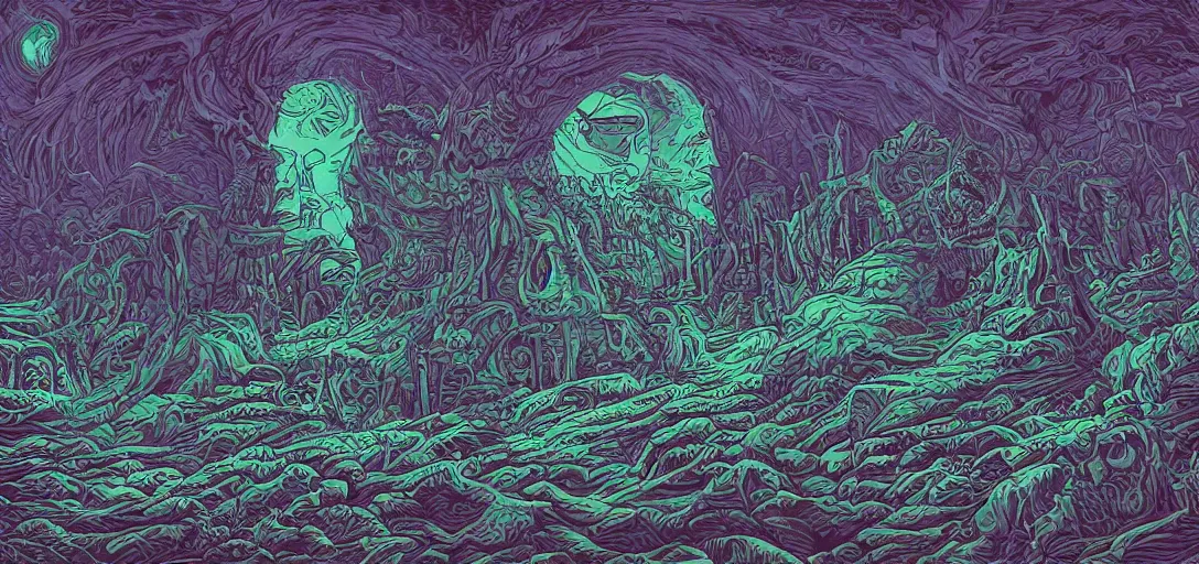 Prompt: I Fell Into A Dream Mid-Day by Dan Mumford horror, recursion, high details