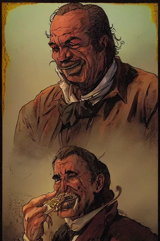 Image similar to vernon. Smug old west circus firebreather. concept art by James Gurney and Mœbius.