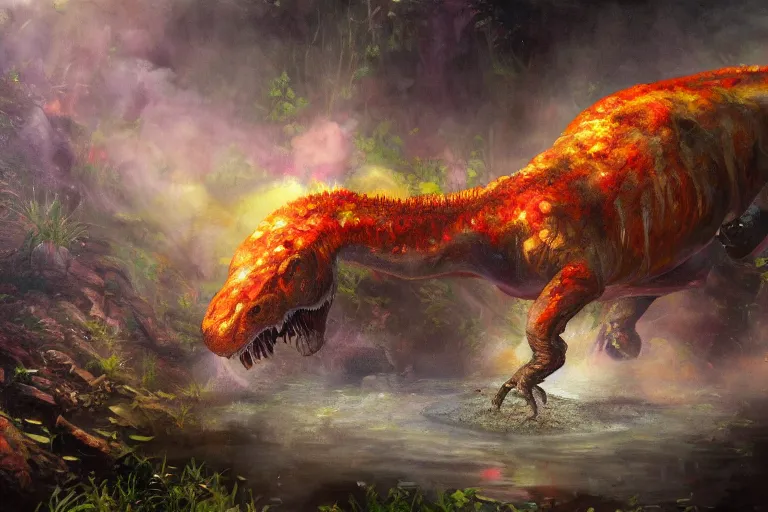 Image similar to highly detailed oil painting of a tyrannosaurus!! ( ( mushroom ) ) in a steaming colorful hotspring, featured on artstation