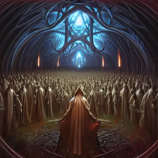 Image similar to a dark cabal of multiple hooded elven mystics in long dark robes gathered in a circular formation around a quantum computer, dan seagrave art, michael whelan, artstation, cgsociety