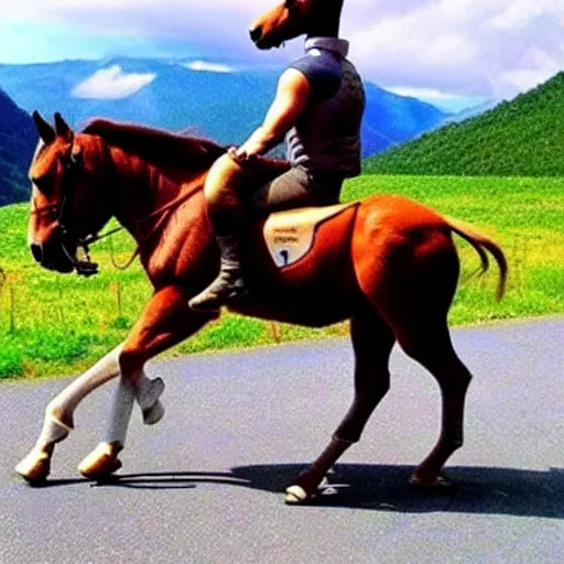 Prompt: horse on bicycle, cycling!!, anthropomorphic, in the mountains