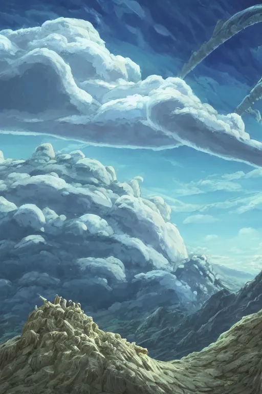 Prompt: giant leviathan flying over the mountains, clouds and sky, inspired by Nausicaa of the Valley of the Wind, Studio Ghibli, Hayao Miyazaki, 8k, 4k, UHD, HDR, photorealistic, 3D, digital painting, matte painting, environment design, by Victor Nava, Artstation, Steampunk, Hieronymus Bosch, Golden dappled dynamic lighting, Highly Detailed, Theophanic atmosphere, Cinematic Lighting, Unreal Engine, 8k, HD