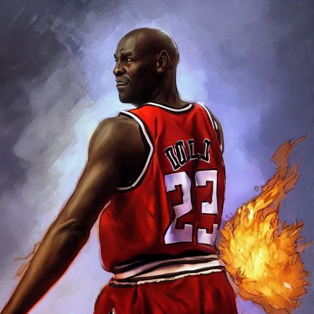 Image similar to michael jordan as a firebender, portrait, elegant, intricate, digital painting, artstation, concept art, smooth, sharp focus, illustration, art by konstantin korovin and daniel f. gerhartz and john howe