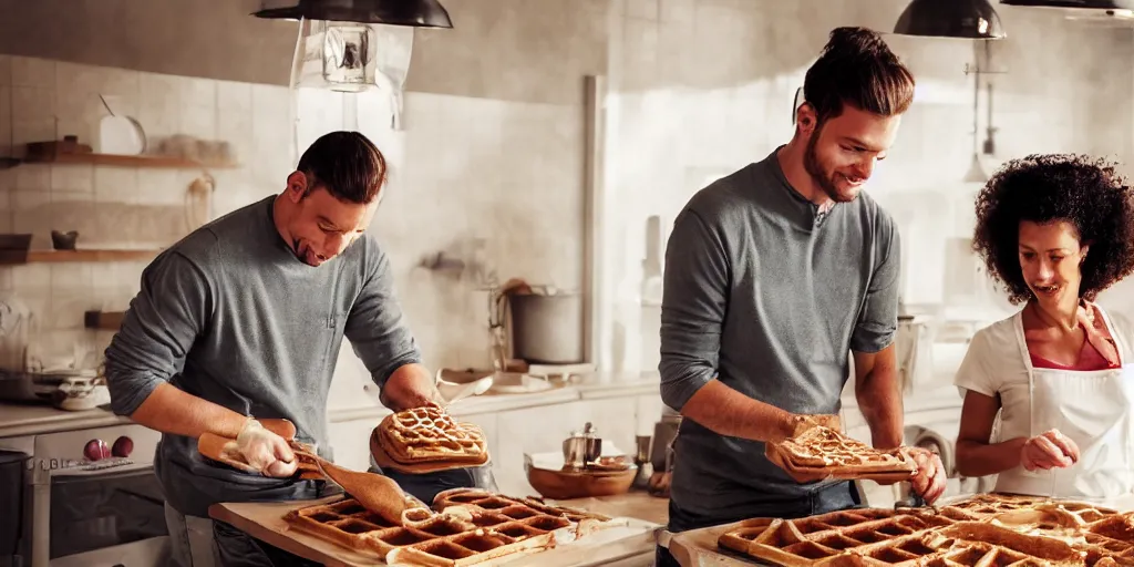 Image similar to A woman and man baking waffles together, digital art, epic lighting