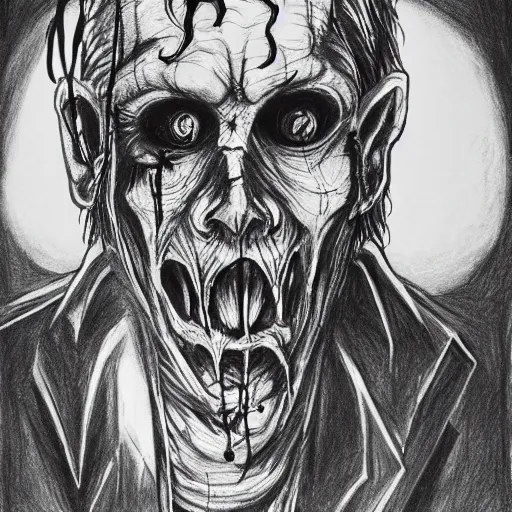 Prompt: a scary horror themed uncle, drawn with charcoal and pen and ink, half-tone-line-stacking