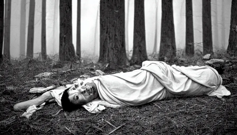 Image similar to 1 9 6 0 s movie still close up of a skinny emperor marcus aurelius with frozen face and a frozen toga, laying down on the danube's shore pine forests, cinestill 8 0 0 t 3 5 mm b & w, high quality, heavy grain, high detail, texture, dramatic light, anamorphic, hyperrealistic, foggy