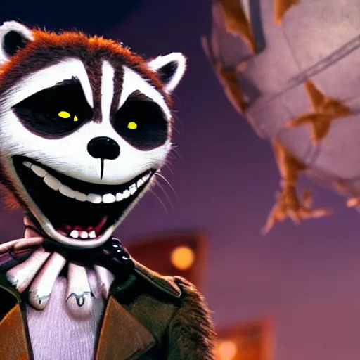 Image similar to animated film still of rocket raccoon in the nightmare before christmas, hyperrealistic, ultra realistic, realistic, highly detailed, epic, hd quality, 8k resolution, body and headshot, film still