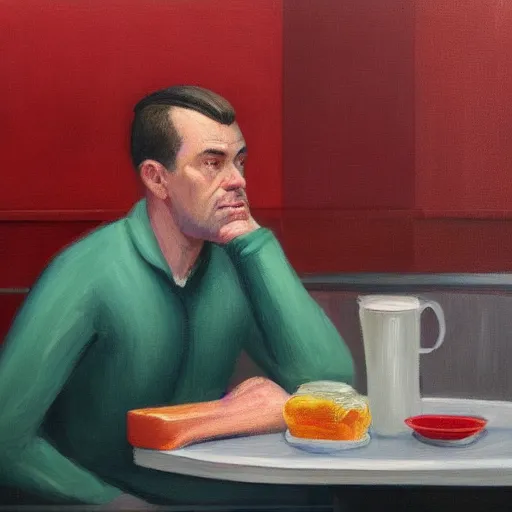 Image similar to a portrait of a sad man in a diner painted in the style of Edward Hopper, 4k,