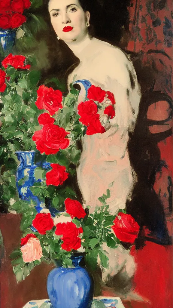 Prompt: portrait of rebekah delrio in david lynch pattern dress beside of a big persian detailed pot of red roses, blue and red lights painted by john singer sargent