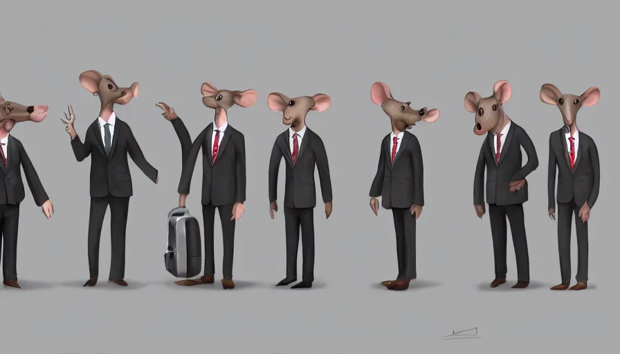 Image similar to anthropomorphic rats in suits waiting for the train, photorealistic rendering, concept art