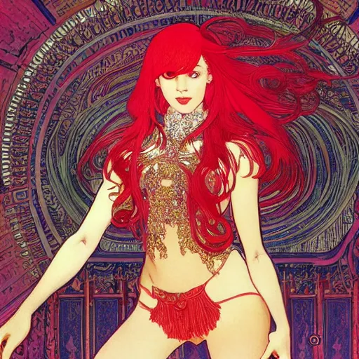 Prompt: a beautiful dancer with red hair in 1970's fashion, in disco room, intricate, highly detailed, digital painting, artstation, official media, anime key visual, concept art, rich vivid colors, ambient lighting, sharp focus, illustration, art by Ayami Kojima and alphonse mucha