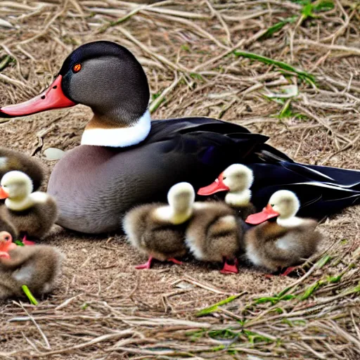 Prompt: a bald headed duck, with chicks, photo