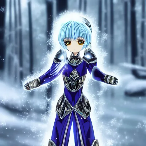 Image similar to portrait focus of beautiful 3 d anime girl as a saint seiya knight!! silver frozen ice armor wearing!! dark forest background snowing, bokeh, inspired by masami kurum