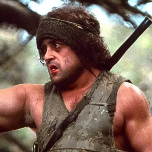 Prompt: A still of Danny Devito as Rambo in Rambo First Blood (1982)